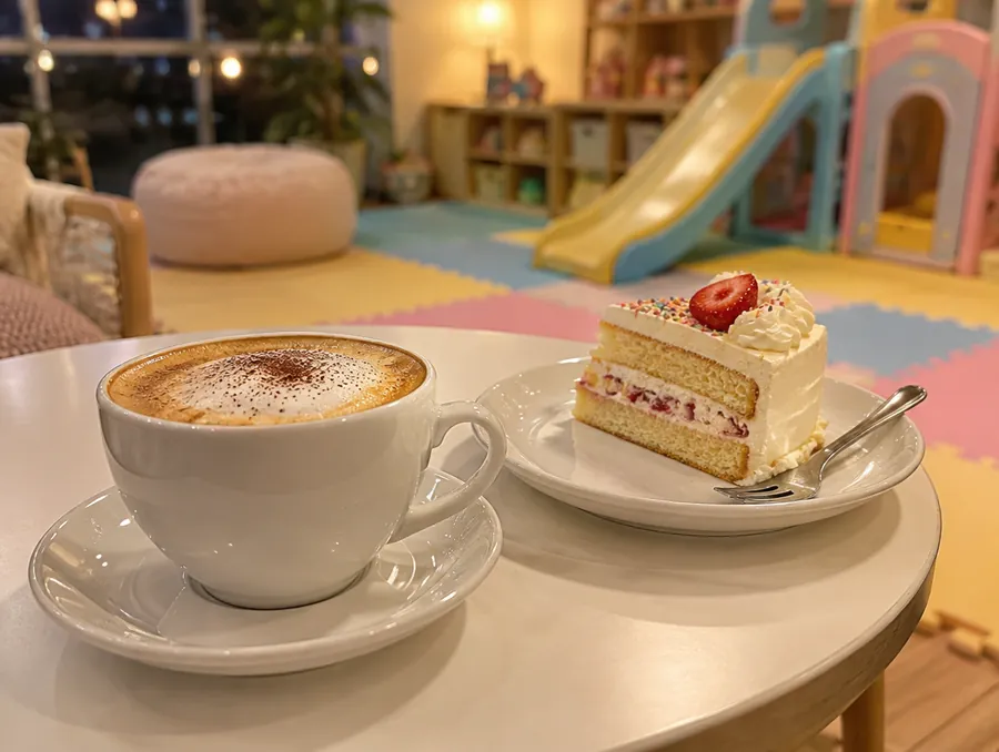 Ilustracija: kapućino i parče torte na stolu, u pozadini igraonica
